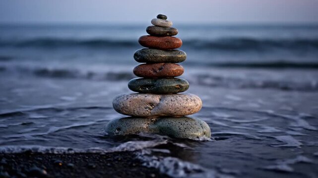 Tranquil stack of balanced stones on a beach with ocean waves gently lapping at the shore in soft focus