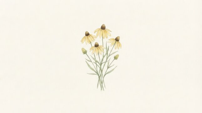 Fresh Watercolor Prairie Coneflower Illustration: Pale Golden Flowers and Lanceolate Leaves on Cream Paper, Minimal Healing Art