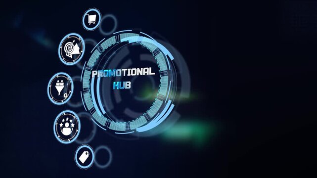 Managing digital promotional hub channel network on dark cyan glowing futuristic technological hud interface screen visual