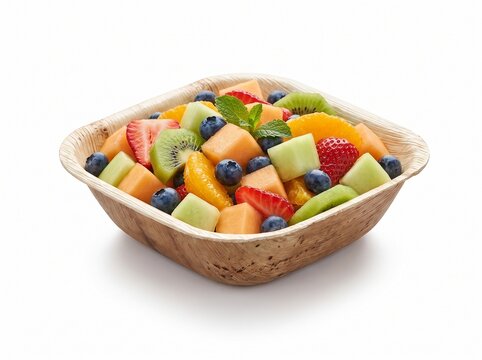 Fresh fruit salad in an eco-friendly palm leaf bowl