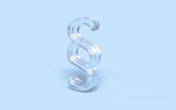 Ein transparentes Paragraph-Symbol aus Glas auf hellblauem Hintergrund steht f&uuml;r Gesetz, Recht, Justiz, Anw&auml;lte und juristische Beratung in einer professionellen &Auml;sthetik.