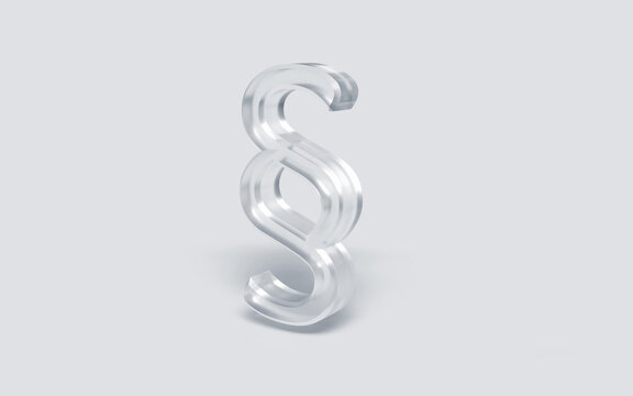 Ein gl&auml;sernes Paragraphenzeichen symbolisiert Gesetze, Recht und die Arbeit von Anw&auml;lten. Die elegante 3D-Darstellung vermittelt Klarheit, Vertrauen und juristische Professionalit&auml;t.