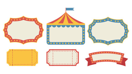 Carnival marquee frames tickets and banners with festive entertainment elements for circus events, fairs, festivals, and amusement promotions ©  