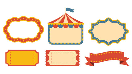 Carnival marquee frames tickets and banners with festive entertainment elements for circus events, fairs, festivals, and amusement promotions ©  