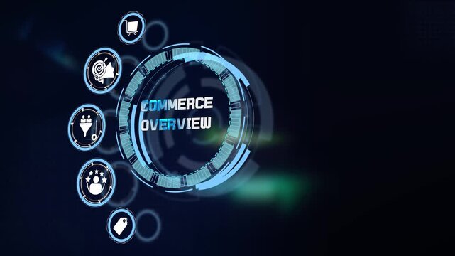 Comprehensive commerce overview diagnostic panel visual displayed on dark cyan glowing futuristic technological hud screen