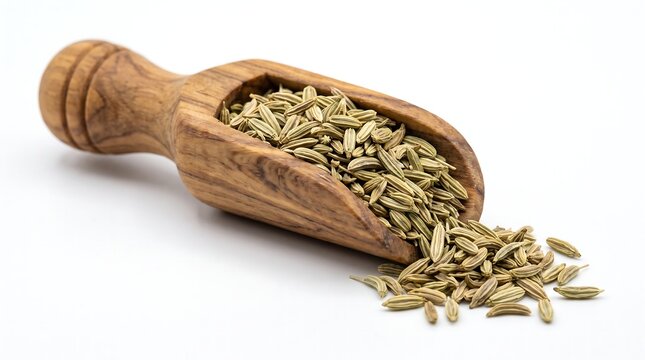 Dried Fennel Seeds in Olive Wood Scoop Isolated on White Background