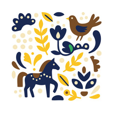 Fototapeta premium Folk art style illustration of horse and bird with floral elements
