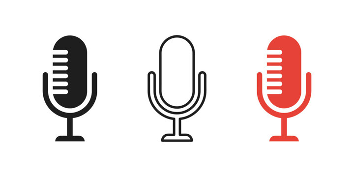 Microphone vector icon set featuring vintage studio mic symbols in filled black, outline, and red flat design styles.