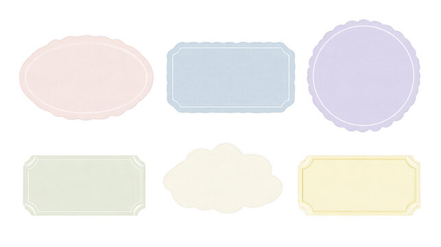 Set of six colorful blank paper labels with decorative borders on white