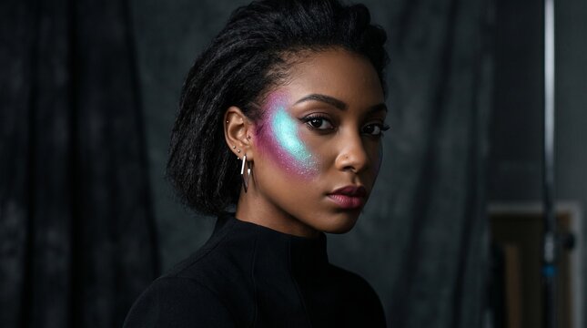 Avant-garde beauty portrait of a Black woman with holographic neon makeup, artistic iridescent face paint, creative fashion studio photography