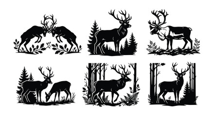 Fototapeta premium Silhouette vector illustrations of deer with forest elements on a white background