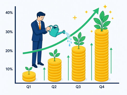 A businessman waters gold coins arranged to form a rising stock market chart.