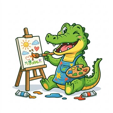 Cheerful green crocodile mascot painting on a canvas easel wearing a messy apron in a vibrant doodle style.