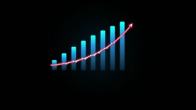 Business growth graph with rising blue bars and glowing red arrow showing success on black background in dynamic motion design footage.