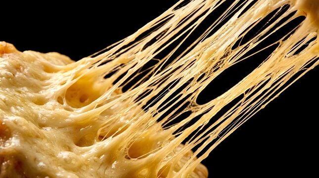 Extreme close-up macro of mozzarella cheese stretching in long dramatic strings, warm studio light making cheese glow golden, isolated pure black background, no people no text no labels, cheese pull h