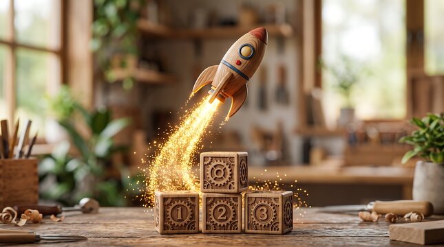 Handcrafted rocket launching from numbered blocks in a cozy wooden workshop, symbolizing business growth and creative startup success