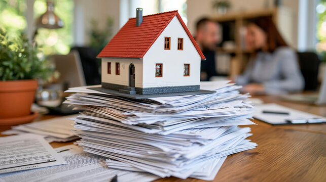 Elegant white house model placed on top of a stack of mortgage contracts and property documents, clean contemporary office setting, real estate purchase and home loan concept, bright diffused lighti