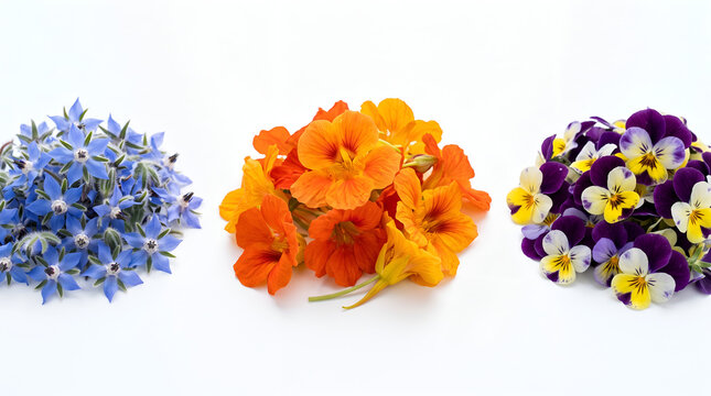 Three delicate heaps of edible blue borage, orange nasturtium, and purple pansy flowers