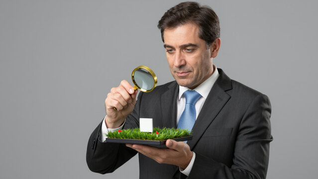 A businessman examines a plot of land with a magnifying glass. Purchase and sale of land. Plot valuation. Checking for arrests and possible risks to the successful conclusion of the contract.