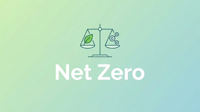 Net Zero carbon emissions concept, environmental balance scale with green leaf and CO2 molecules, sustainable ecology banner on gradient background