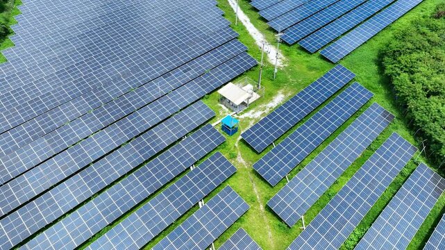 Rows of photovoltaic panels stretch across green land in this aerial view, representing clean energy production, environmental responsibility and the growing transition toward a net zero future. 4k.
