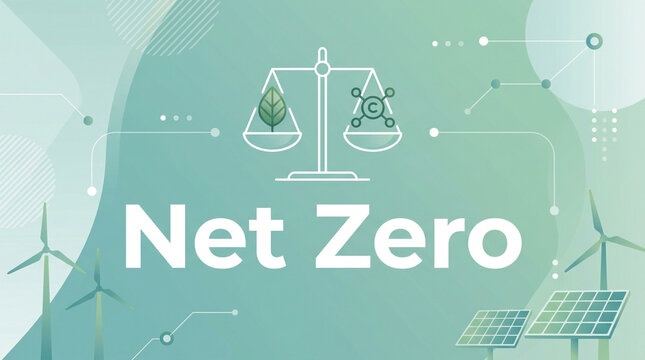 Net Zero carbon emission concept, environmental balance scale with leaf and CO2 icon, renewable energy wind turbines and solar panels on green background