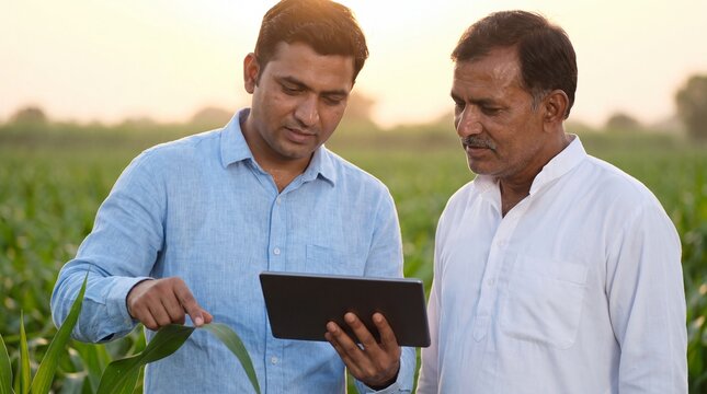Modern Indian Agronomist Advising Progressive Farmer in Green Agricultural Field