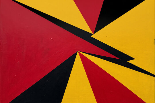 Geometric abstract painting with sharp triangles, modern red yellow and black canvas art, minimalist constructivist background texture