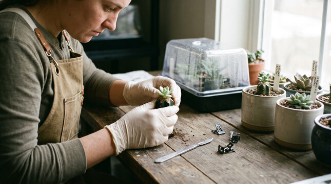 Botanist grafting succulent scion onto rootstock at wooden greenhouse workbench. Concept of plant, researcher, xenografting, plant propagation, cactus grafting, horticulture.