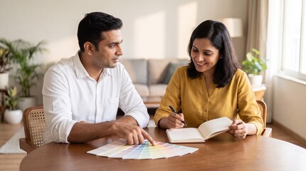 Obraz premium Modern Indian Couple Planning Home Renovation and Budgeting Together