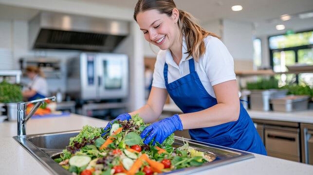Professional female cafeteria employee cleaning fresh produce at a stainless steel preparation sink, spotless countertops and organized commercial cooking equipment surrounding her, clean protective