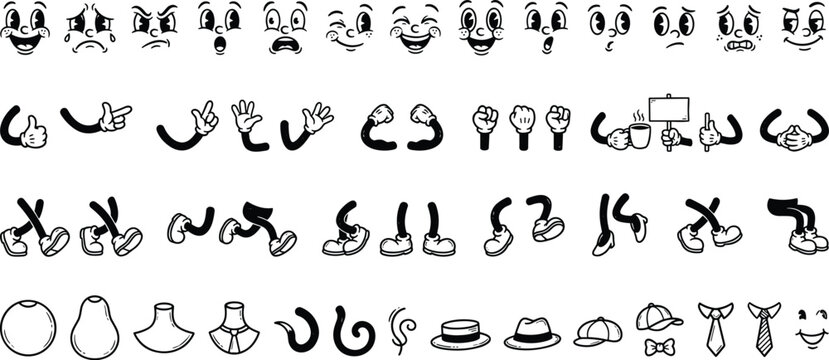 Vintage Retro Rubber Hose Cartoon Character Creation Kit with Expressions Hands Legs and Accessories Bundle Vector Design Illustration