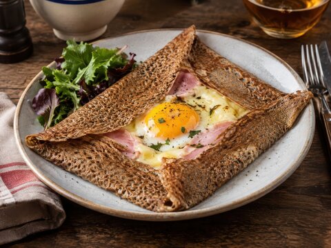 Franz&ouml;sisches Pilzomelette mit sautierten Champignons, fein gew&uuml;rzt und goldbraun gebraten. Herzhafte Eierspeise der franz&ouml;sischen K&uuml;che, serviert in rustikalem Bistro-Ambiente.