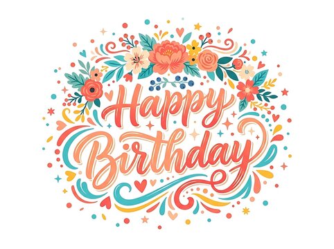 Floral happy birthday lettering card with colorful flowers and decorative swirls