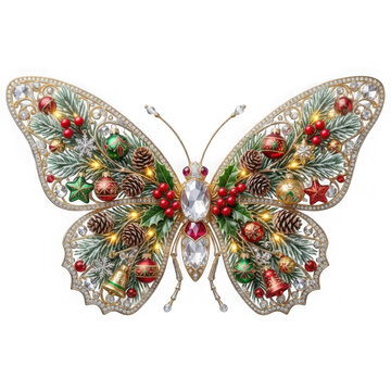 Ornate Christmas butterfly ornament, festive holiday insect with jewels, gold filigree decoration