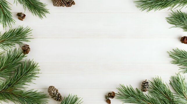 Flat lay of pine branches and small pinecones on a light wood surface