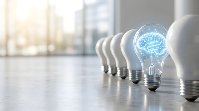 Innovative glowing light bulb with brain hologram among white bulbs. Concept of AI, creative thinking, and brilliant business ideas.