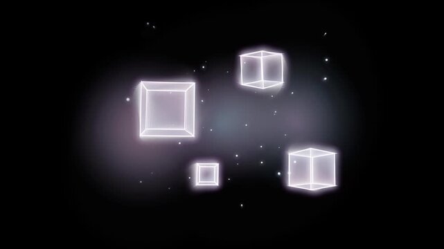 Floating holographic glowing cubes rotating in dark space background