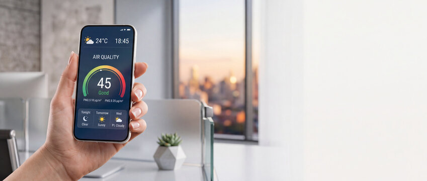 Person holding smartphone displaying air quality index monitoring app with good rating in modern office with blurred city view at sunset background.