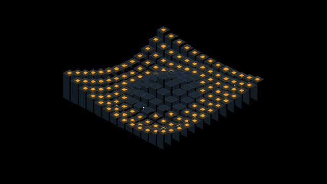 3D isometric glowing blue columns with orange light animating in a wave motion on black background