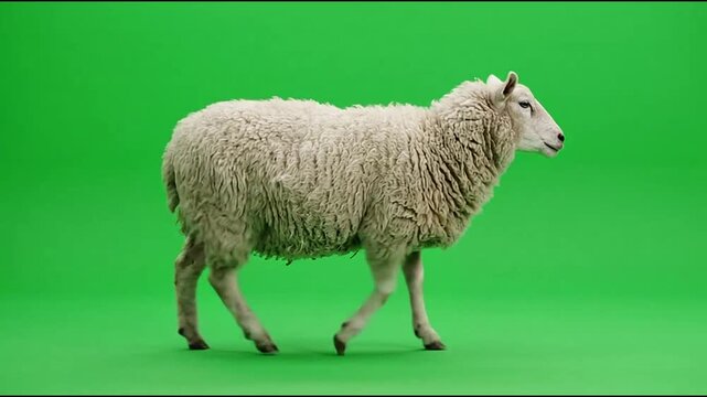 White Sheep Walking on Green Screen Chroma Key Background, Farm Animal Footage