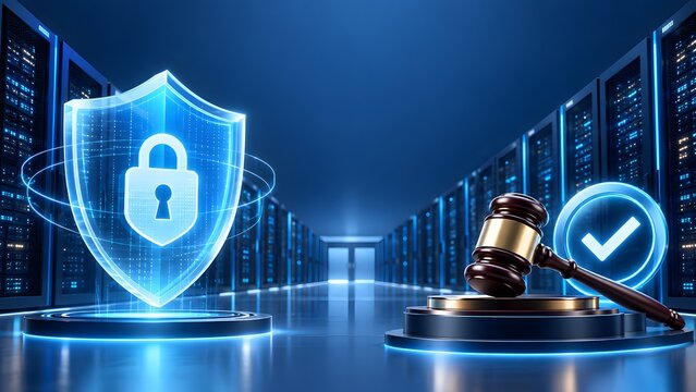 Wooden judge gavel beside glowing blue padlock shield and checkmark in server room representing cybersecurity law data privacy compliance and digital information governance.