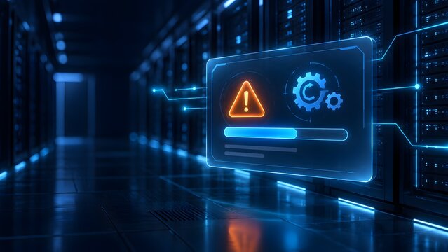 Glowing blue holographic interface in modern server room displaying orange warning triangle and gear icons during system maintenance and network configuration process.
