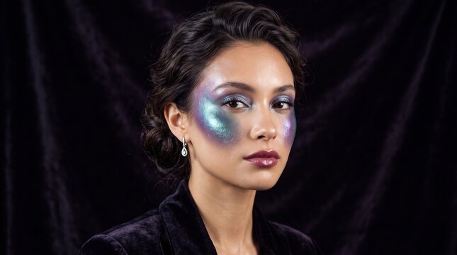 Avant-garde makeup portrait of a woman with iridescent blue face paint. Fashion model with holographic glitter cosmetics and elegant dark velvet styling.