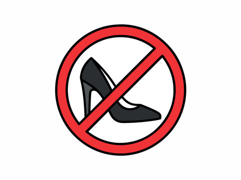 A red circular prohibition sign with a high heel shoe icon inside.
