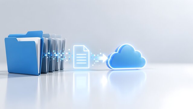 Modern business digital workflow showing physical document folders transferring data into blue cloud computing network for online storage backup.