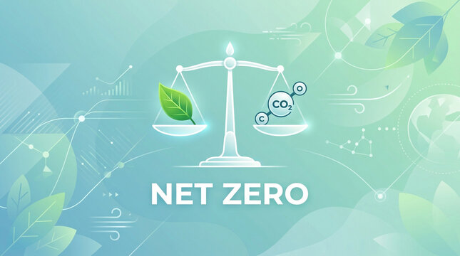 Net zero carbon emission concept, balance scale with green leaf and CO2 molecule, environmental sustainability and climate change mitigation banner