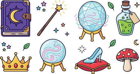 Obraz premium Fairy Tale Magic Vector Icon Set with Spell Book, Crystal Ball, Wand, Glass Slipper, Crown, Poison Potion, and Amanita Mushroom