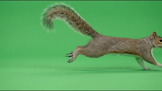 Grey Squirrel Running Fast on Green Screen Background, Full Body Shot, Wildlife Action
