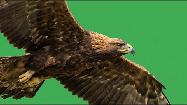 Majestic Golden Eagle Soaring in Flight Against Green Screen Background, Wildlife Bird of Prey